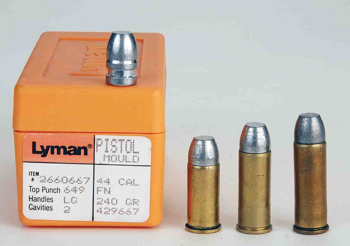 When .44 Special handloads might be used in leverguns, Lyman’s mould 429667 is a good choice, shown here loaded (left to right): .44 Russian, .44 Special and .44 Magnum.